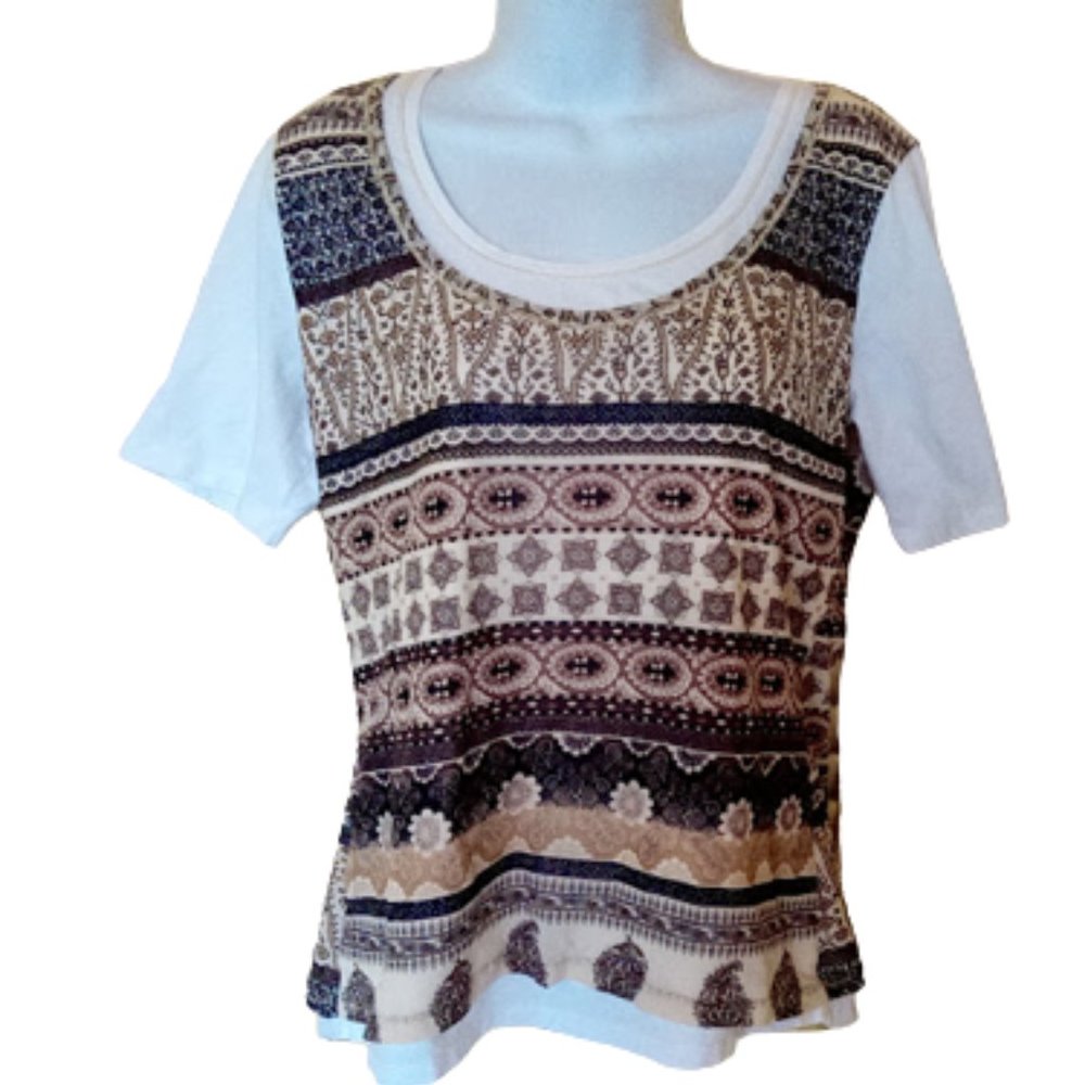 --- White Beige Layered Look Mix Media Short Sleeve Top Size 44 Fits XL